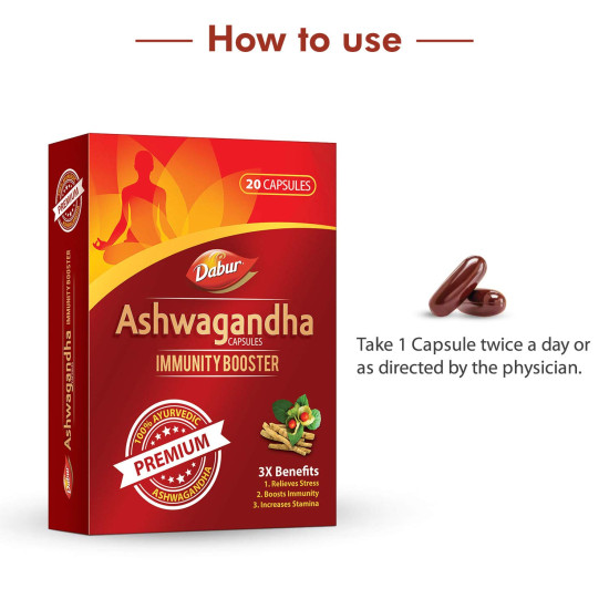 Dabur Ashwagandha Capsules Immunity Booster | 100% Ayurvedic | Relieves Stress & Increases Stamina | Immunity Booster - 20 Capsules