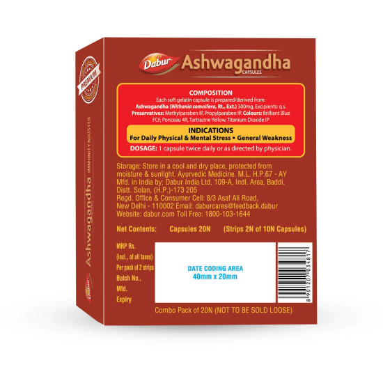 Dabur Ashwagandha Capsules Immunity Booster | 100% Ayurvedic | Relieves Stress & Increases Stamina | Immunity Booster - 20 Capsules