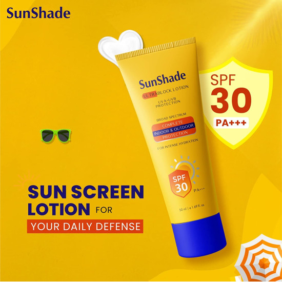 Sunshade Ultra Block Sunscreen Lotion with SPF 30 PA+++|UVA/UVB | Water Resistant |non-Greasy| Broad Spectrum| Blue Light Indoor & Outdoor Protection | for All Skin Types (50Ml Unisex)