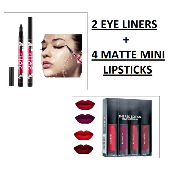 MATTE LIQUID LIPSTICK (4 PIECES) + WATERPROOF EYELINER (2 Pc) COMBO KIT