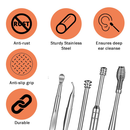 Ear Wax Cleaner - Resuable Ear Cleaner Tool Set with Storage Box - Ear Wax Remover Tool Kit with Ear Curette Cleaner and Spring Ear Buds Cleaner - 6 Pc