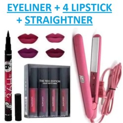 Makeup Combo of 6 | Red Edition Lipstick (4 pieces) + 36h Waterproof Eyeliner Pencil+ Professional Hair Straightener (Statener )