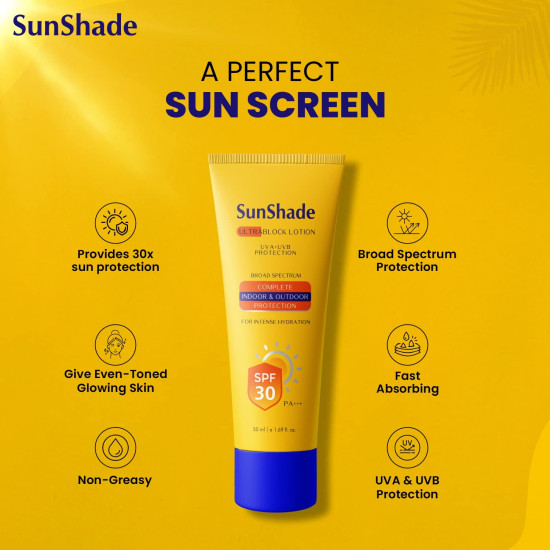 Sunshade Ultra Block Sunscreen Lotion with SPF 30 PA+++|UVA/UVB | Water Resistant |non-Greasy| Broad Spectrum| Blue Light Indoor & Outdoor Protection | for All Skin Types (50Ml Unisex)