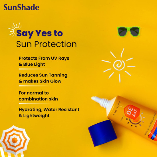 Sunshade Ultra Block Sunscreen Lotion with SPF 30 PA+++|UVA/UVB | Water Resistant |non-Greasy| Broad Spectrum| Blue Light Indoor & Outdoor Protection | for All Skin Types (50Ml Unisex)