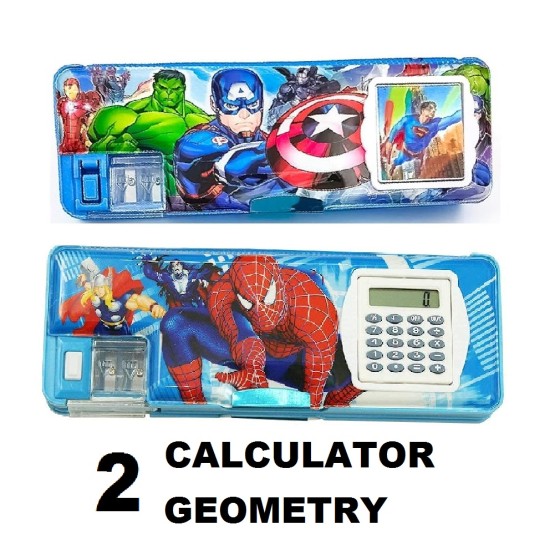 PENCIL BOX Geometry Box For BOYS | Pack of 2 , A Fancy Multipurpose Magnetic Calculator Pencil Box/Geometry Box Double Side Cartoon Printed ,Cute & Stylish New Design School Student .Calculator Wali Geometry (Random Color/Print) PENCIL BOX Geometry Box For BOYS | Pack of 2 , A Fancy Multipurpose Magnetic Calculator Pencil Box/Geometry Box Double Side Cartoon Printed ,Cute & Stylish New Design School Student .Calculator Wali Geometry (Random Color/Print)