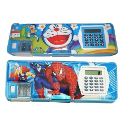 Magnetic Closure Double Sided Pencil Boxes with Calculator and Sharpener for Boys Girls Printed Multi Design Pencil Cases Big Size Cartoon (Doremon, Spider Man and Avengers) Geometry for School Children (Pack of 2)