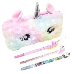 Combo of Unicorn Pencil Fur Feather Pouch + Unicorn Water Glitter Pen + Unicorn Pencil + Unicorn Pen | Attractive Stationery School Supplies - Combo of 4