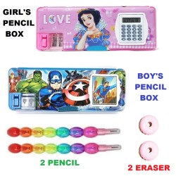 Combo of 2 Both Side Magnetic Pencil Box with Calculator and Sharpener + 2 Stacking Pencil + 2 Erasers | For Boys & Girls Big Size, Barbie & Avenger Cartoon Printed Pencil Case Pencil box for Kids | Combo of 6
