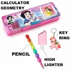 Combo of Kids Geometry Box with Calculator & Integrated Sharpener & Dual Side Magnetic Flap Pencil Box for Kids + Moti Rainbow Pencil + Highlighter + Unicorn Key Chain | (Barbie Frozen Kitty Princess Random Color Print) | Combo of 4