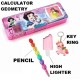 Combo of Kids Geometry Box with Calculator & Integrated Sharpener & Dual Side Magnetic Flap Pencil Box for Kids + Moti Rainbow Pencil + Highlighter + Unicorn Key Chain | (Barbie Frozen Kitty Princess Random Color Print) | Combo of 4