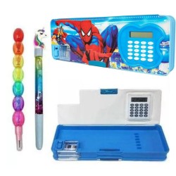 BLUE Stationery Multipurpose Pencil Box case for Kids Boys Pencil Box (with 1 Rainbow Pencil + 1 Water Pen ) and with Dual Sharpener with Calculator, Double Sided Stationary Box - Combo of 3