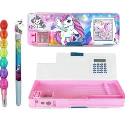 Multipurpose Magnetic Pencil Box with Calculator Pencil Case for Kids | Both Side Open Magnetic Geometry Box with Unicorn Glitter Pen & Rainbow Non-Sharpening Stack Pencil Set for Kids (Unicorn) - Combo of 3