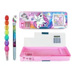 Multipurpose Magnetic Pencil Box with Calculator Pencil Case for Kids | Both Side Open Magnetic Geometry Box with Unicorn Glitter Pen & Rainbow Non-Sharpening Stack Pencil Set for Kids (Unicorn) - Combo of 3
