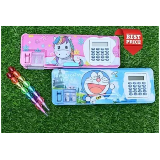 2 Sets OF Geometry Box /Pencil Box With Inbuilt Calculator & Pencil Sharpener & 2 Rainbow Pencils | Both Side Opening Magnetic Geometry Box | PINK + BLUE Color (Random Print)