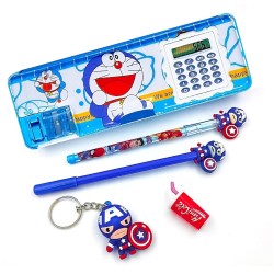 Doraemon Magnetic Pencil Box With Calculator & Dual Sharpener For Kids For School,Big Size Cartoon Printed Pencil Case For Kids Group Pack Of 5 (Doremon), Random color