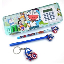 Combo (Pack of 4 Items) 1 Dual Side Magnetic Random Color/Print Pencil Box with Dual Sharpener & Calculator + 1 Avenger Push Pencil + 1 Pen + 1 Key Chain for Kids Gift School Geometry Stationery Set