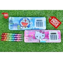 Combo of 2 Piece Magnetic Pencil Box with Calculator & Sharpener for Kids for School + 4 Rainbow Moti Pencil | Frozen Avenger Spiderman Princess Barbie Doremon Big Size Cartoon Printed Pencil Case for Boys and Girls | Combo of 2 Geometry + 4 Pencils