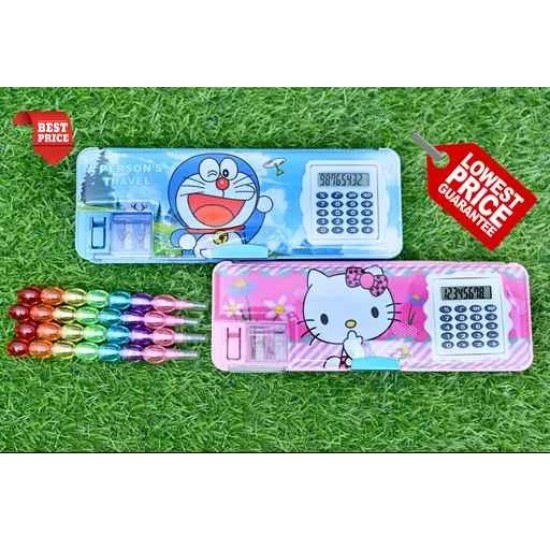 Combo of 2 Piece Magnetic Pencil Box with Calculator & Sharpener for Kids for School + 4 Rainbow Moti Pencil | Frozen Avenger Spiderman Princess Barbie Doremon Big Size Cartoon Printed Pencil Case for Boys and Girls | Combo of 2 Geometry + 4 Pencils Combo of 2 Piece Magnetic Pencil Box with Calculator & Sharpener for Kids for School + 4 Rainbow Moti Pencil | Frozen Avenger Spiderman Princess Barbie Doremon Big Size Cartoon Printed Pencil Case for Boys and Girls | Combo of 2 Geometry + 4 Pencils
