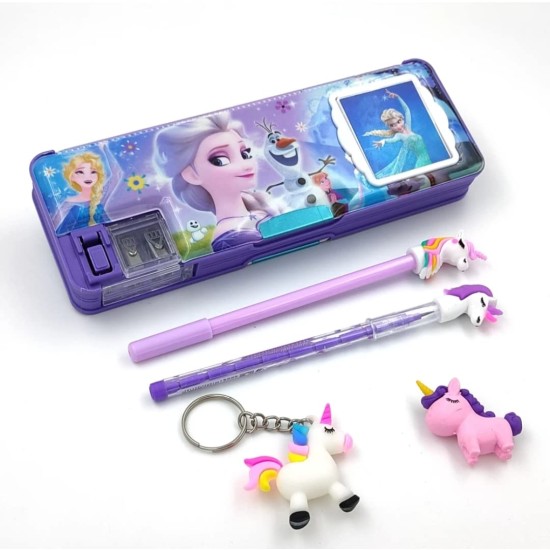 Combo of 1 Dual Side Magnetic Frozen Pencil Box with Dual Sharpener & Calculator + 1 Unicorn Push Pencil + 1 Unicorn Pen + 1 Unicorn Key Chain + 1 Eraser for Kids | Random Color/Print Unicorn Princess Frozen