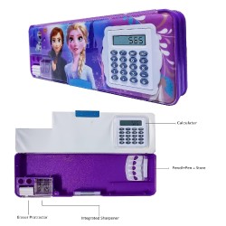 Dual Side Magnetic Pencil Box with Calculator & Dual Sharpener for Kids for School | Frozen Big Size Cartoon Printed Pencil Case for Girls Gift School Stationery Geometry (Random Color/Print)