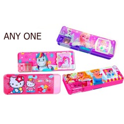 Combo of Kids Geometry Box with Calculator & Integrated Sharpener & Dual Side Magnetic Flap Pencil Box for Kids + Moti Rainbow Pencil + Highlighter + Unicorn Key Chain | (Barbie Frozen Kitty Princess Random Color Print) | Combo of 4