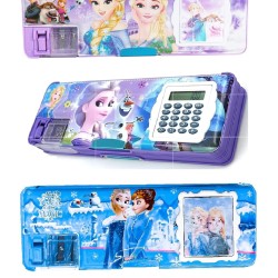Combo of 1 Magnetic Dual Side Pencil Box with Calculator & Sharpener for Kids for School + 1 Unicorn Key Chain | Frozen Big Size Cartoon Printed Pencil Case for Girls - Combo of 2