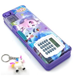 Combo of 1 Magnetic Dual Side Pencil Box with Calculator & Sharpener for Kids for School + 1 Unicorn Key Chain | Frozen Big Size Cartoon Printed Pencil Case for Girls - Combo of 2
