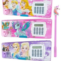 Double Sided Magnetic Pencil Box + 2 Pens +2 Pencils + 2 Erasers | Calculator and Sharpener Built-in Geometry for Girls Big Size Cartoon Random Print (Barbie Unicorn Princess Frozen) - Combo of 7