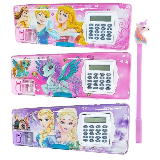 Combo of Kids Geometry Box with Calculator & Integrated Sharpener & Dual Side Magnetic Flap Pencil Box for Kids + Moti Rainbow Pencil + Highlighter + Unicorn Key Chain | (Barbie Frozen Kitty Princess Random Color Print) | Combo of 4