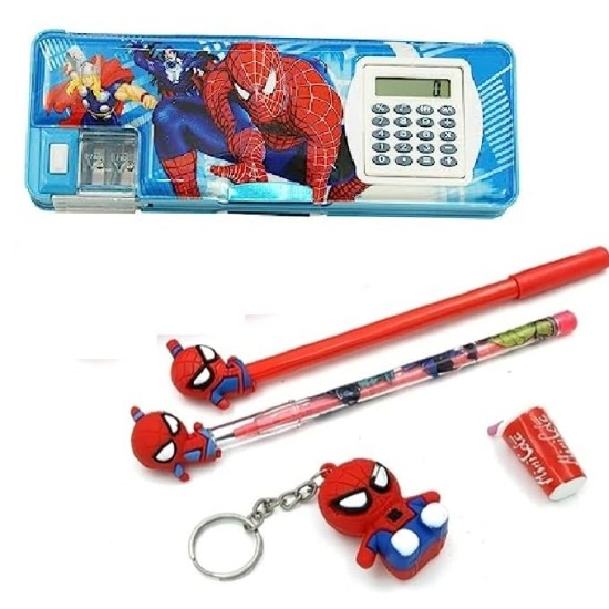 Spider Man Pencil Box (5 Items) Combo 1 Pen 1 Pencil 1 Eraser 1 Key Chain Geometry Box (Random color)