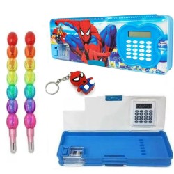 Dual Side Stationery Spiderman Calculater Geometry with Shapner Pencil Box (1 Piece) + 2 Moti Colorful Pencil + 1 Spider Man Keyring | Combo For Kids Also Use Birthday And Return Gift - Combo of 4