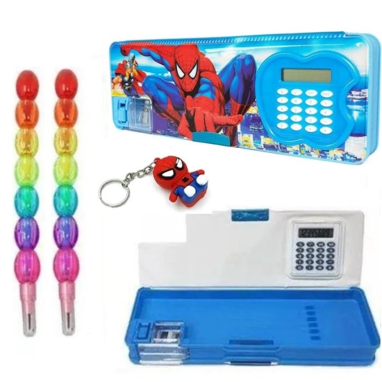 Dual Side Stationery Spiderman Calculater Geometry with Shapner Pencil Box (1 Piece) + 2 Moti Colorful Pencil + 1 Spider Man Keyring | Combo For Kids Also Use Birthday And Return Gift - Combo of 4 Dual Side Stationery Spiderman Calculater Geometry with Shapner Pencil Box (1 Piece) + 2 Moti Colorful Pencil + 1 Spider Man Keyring | Combo For Kids Also Use Birthday And Return Gift - Combo of 4