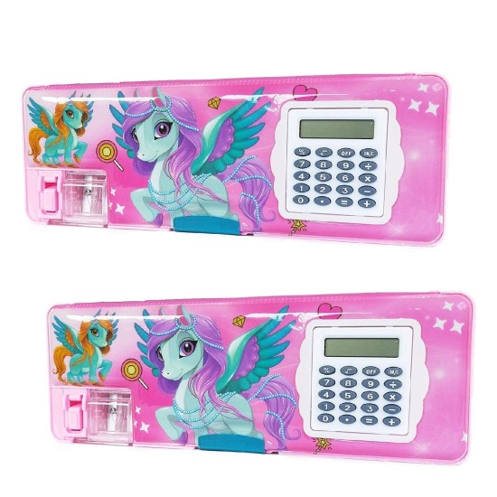 Double-Side Magnetic Closure Pencil Box Geometry| Inbuilt Calculator & Sharpener Unicorn Art Metal Pencil Box (random Unicorn Print) - Pack of 2