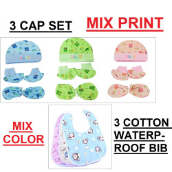 Newborn Baby Cotton Cap, Mitten and Booties Combo Set | Baby Gift Set | Pack of 3 Sets + Bib Apron For Feeding Infants and Toddlers | Newborn 0-6 Months | Reusable Cotton Waterproof and Quick Dry Bibs | MIX/RANDOM PRINT | Combo of 3 + 3