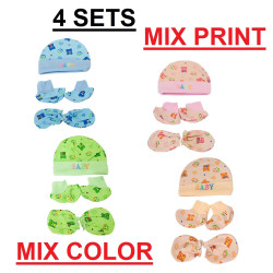 Newborn Baby Cotton Cap, Mitten and Booties Combo Set | Infant Cap Set | Mittens Set | Bootie Set | Kids Gloves & Socks Set | Baby Gift Set | 0-6 Months | Pack of 4 Sets - Multicolor-MultiPrint