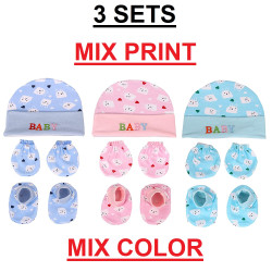 Newborn Baby Cotton Cap, Mitten and Booties Combo Set | Infant Cap Set | Mittens Set | Bootie Set | Kids Gloves & Socks Set | Baby Gift Set | 0-6 Months | Pack of 3 Sets - Multicolor-MultiPrint