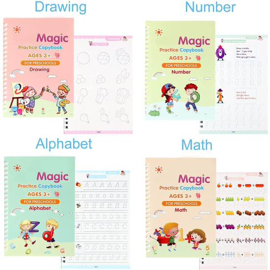 Magic Practice Groove Copybook (4 Books,10 Refill), Number Tracing Book + Writing pad Drawing Tablet Tab with Pen Electronic LCD Kids Slate 8.5 inches Screen - Random Color | Combo of 2