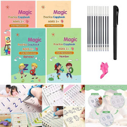 Sank Magic Practice Copybook (4 Books,10 Refill), Number Tracing Book for Preschoolers with Pen, Magic Calligraphy Copybook Set Practical Reusable Writing Tool Simple Hand Lettering