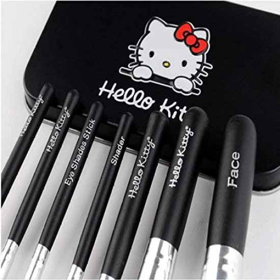 Soft Bristle Makeup Mini Brush Kit With Hello Kitty Print Storage Box | Makeup Blending Brushes Set of 7 - Black