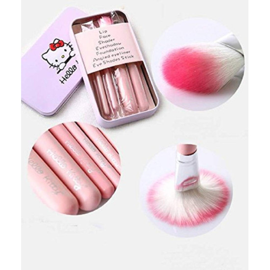 Soft Bristle Makeup Mini Brush Kit With Hello Kitty Print Storage Box | Makeup Blending Brushes Set of 7 - PINK