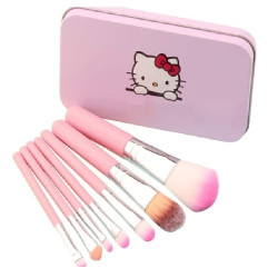 Soft Bristle Makeup Mini Brush Kit With Hello Kitty Print Storage Box | Makeup Blending Brushes Set of 7 + 6 Makeup Sponge Puff (MULTICOLOR) - COMBO OF 2