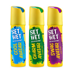 SET WET Deodorant Spray Perfume Cool + Charm + Swag Avatar for men, 150ml (BLUE+GREEN+PURPLE) - COMBO of 3