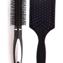 Combo of Round Rolling Curling Roller Comb Hair Brush (Colour May Vary) & Paddle Flat Hair Brush Comb Black For Men And Women - Combo of 2