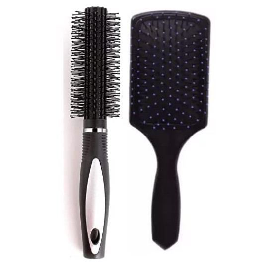 Combo of Round Rolling Curling Roller Comb Hair Brush (Colour May Vary) & Paddle Flat Hair Brush Comb Black For Men And Women - Combo of 2