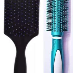 Combo of Round Rolling Curling Roller Comb Hair Brush (Colour May Vary) & Paddle Flat Hair Brush Comb Black For Men And Women - Combo of 2