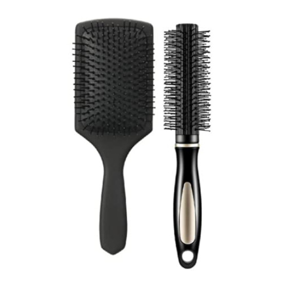 Combo of Round Rolling Curling Roller Comb Hair Brush (Colour May Vary) & Paddle Flat Hair Brush Comb Black For Men And Women - Combo of 2