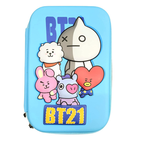 BTS BT21 K-Pop Embossed Pencil Box Cute 3D Large Capacity Hardtop Case Pouch Organizer for Girls Boys Kids - Random Print