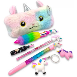 Stationery Unicorn Stationary Combo Kit for School Kids Boys & Girls | Unicorn Water Pen + Pencil + Fur Pouch + Highlighter + Fur Pen + Unicorn Eraser + Keychain - Combo of 7