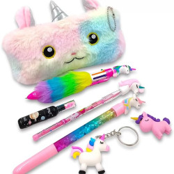 Stationery Unicorn Stationary Combo Kit for School Kids Boys & Girls | Unicorn Water Pen + Pencil + Fur Pouch + Highlighter + Fur Pen + Unicorn Eraser + Keychain - Combo of 7