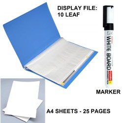 Combo of 1 Display File With 10 Transparent Pockets (Leaf) Random Color + 25 Pages of A4 Sheet + 1 White Board Marker Pen | Combo of 3